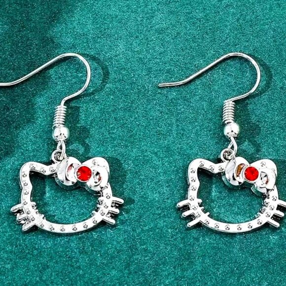 Earrings Hello Kitty Rhinestone Sanrio Red Crystal Dangle Silver Emo Scene Rave - Picture 2 of 3